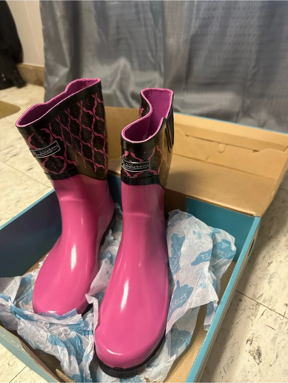 Kids Waterproof Pink Patterned Rain Boots with Black Accents